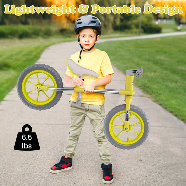 12-inch balance bike with adjustable seat and rotatable handlebar, perfect for toddlers learning to ride.