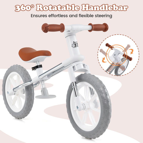 12-inch balance bike with adjustable seat and rotatable handlebar, perfect for toddlers learning to ride.