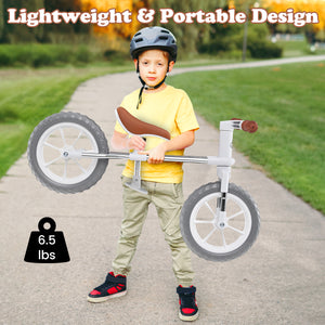 12-inch balance bike with adjustable seat and rotatable handlebar, perfect for toddlers learning to ride.
