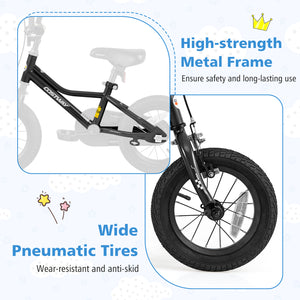 12-inch adjustable kids bike for ages 3-4, low frame design, angle view showcasing vibrant colors and safety features.