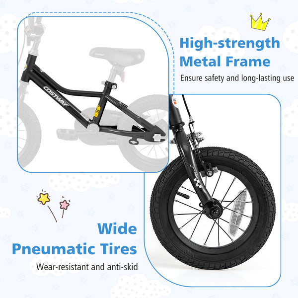 12-inch adjustable kids bike for ages 3-4, low frame design, angle view showcasing vibrant colors and safety features.