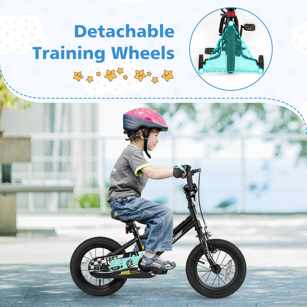 Adjustable 12-inch kids bike for ages 3-4, low frame design, angle view showcasing vibrant colors and safety features.