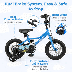 12-inch kids bike with removable training wheels for ages 3, shown at angle 6, perfect for young riders.