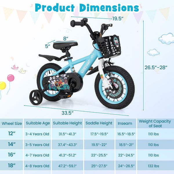 16-inch kids bike with adjustable handlebar and saddle for ages 4-8, shown at a 28-degree angle.