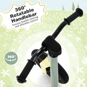 12-inch balance bike with adjustable seat and rotatable handlebar for kids over 36 months, angle view.