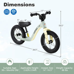 12-inch balance bike for kids over 36 months, featuring adjustable seat and rotatable handlebar, angle view.