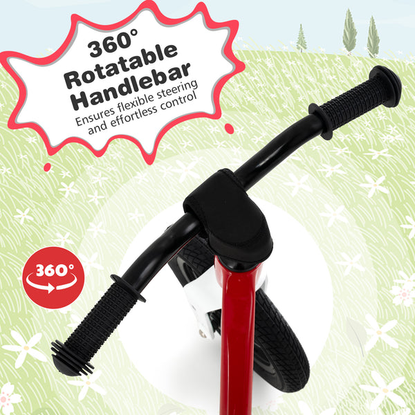 12-inch balance bike with adjustable seat and rotatable handlebar for kids over 36 months, viewed from angle 14.