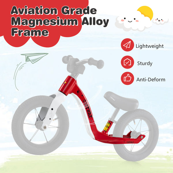12-inch balance bike with adjustable seat and rotatable handlebar for kids over 36 months, shown at a 15-degree angle.