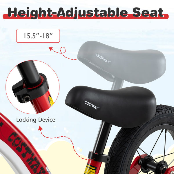 12-inch balance bike with adjustable seat and rotatable handlebar for toddlers over 36 months, angled view.