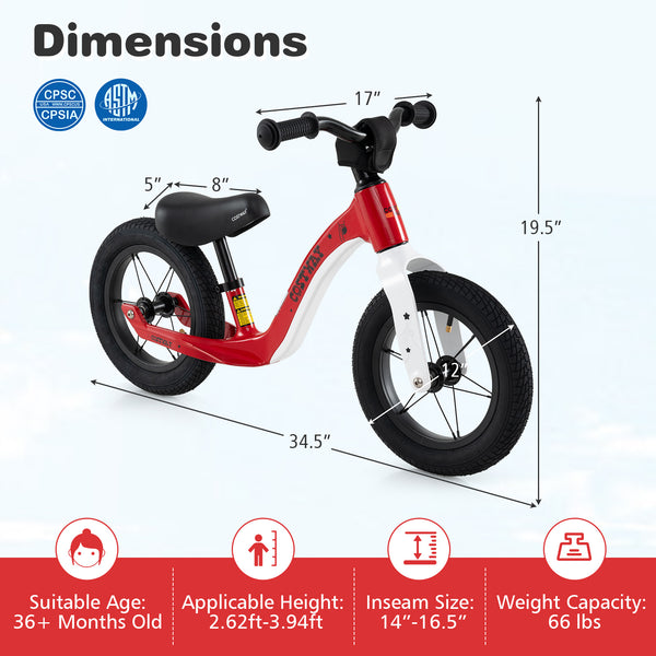 12-inch balance bike with adjustable seat and rotatable handlebar for toddlers over 36 months, viewed at angle 12.