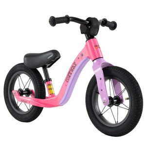 12-inch balance bike with adjustable seat and rotatable handlebar for kids over 36 months, angled view.