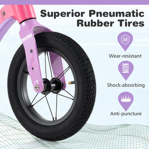 12-inch balance bike for kids 36+ months, featuring adjustable seat and rotatable handlebar, angled view.