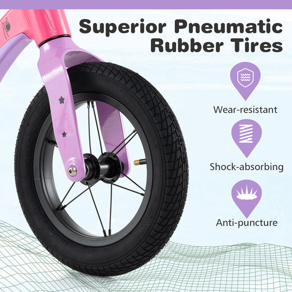 12-inch balance bike for kids 36+ months, featuring adjustable seat and rotatable handlebar, angled view.