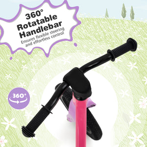 12-inch balance bike with adjustable seat and rotatable handlebar for toddlers over 36 months, angled view.