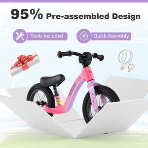 12-inch balance bike with adjustable seat and rotatable handlebar for toddlers over 36 months, viewed at angle 24.