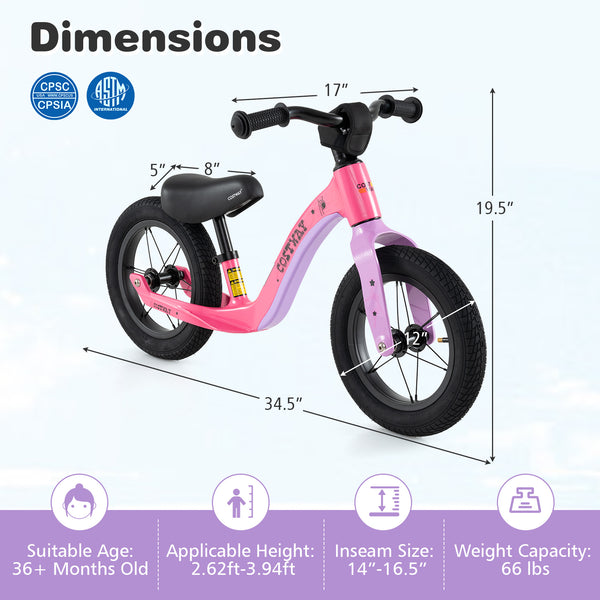 12-inch balance bike for kids 36 months+, featuring adjustable seat and rotatable handlebar, viewed at a 20-degree angle.