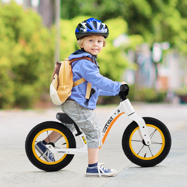 12-inch balance bike for kids over 36 months with adjustable seat and rotatable handlebar, angled view.