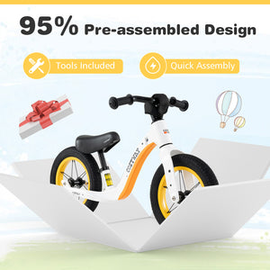 12-inch balance bike with adjustable seat and rotatable handlebar for kids over 36 months, angled view.