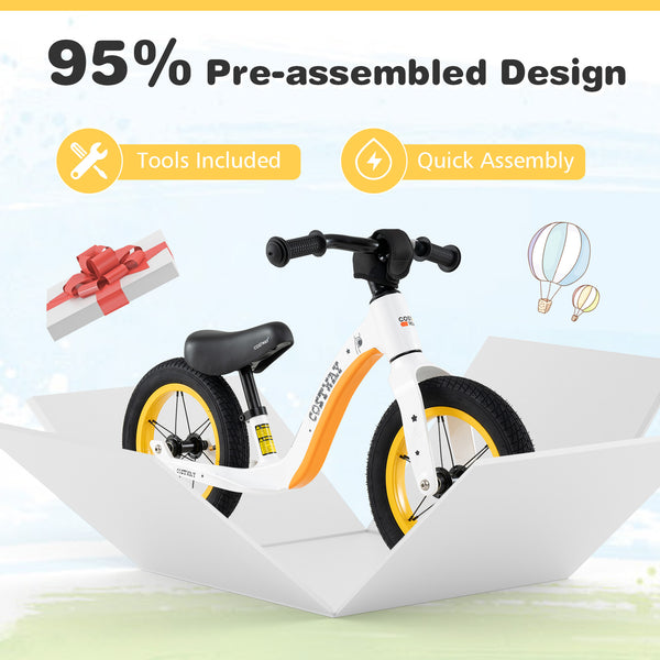 12-inch balance bike with adjustable seat and rotatable handlebar for kids over 36 months, angled view.
