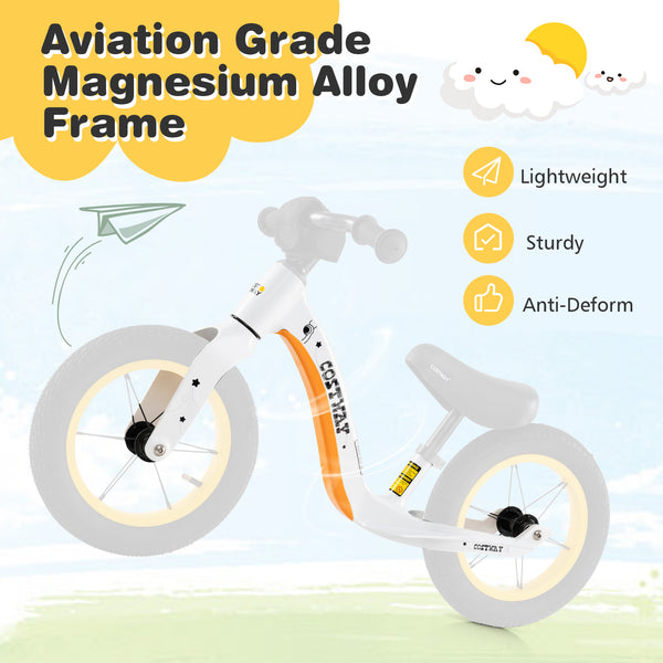 12-inch balance bike for toddlers with adjustable seat and rotatable handlebar, perfect for kids over 36 months.