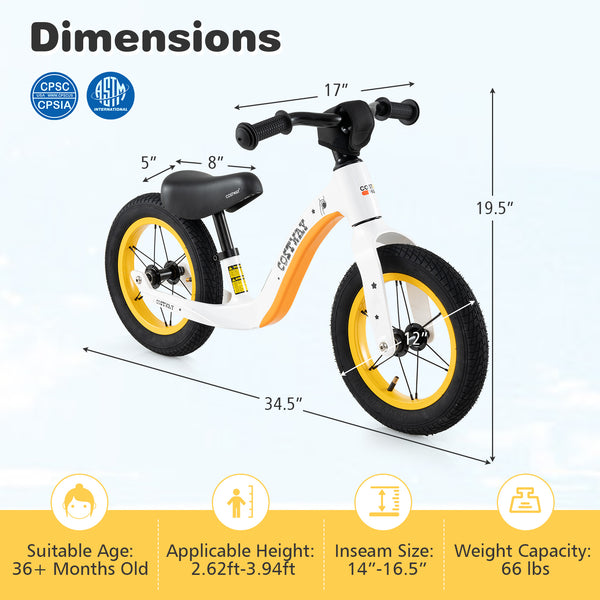 12-inch balance bike with adjustable seat and rotatable handlebar for toddlers over 36 months, angled view.