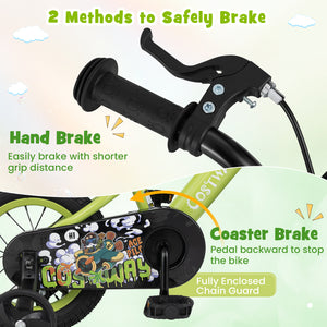 16-inch kids bike with adjustable seat and detachable training wheels for ages 4-8, shown at a 22-degree angle.