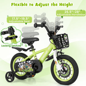 16-inch kids bike with adjustable seat and detachable training wheels for ages 4-8, shown at a 23-degree angle.