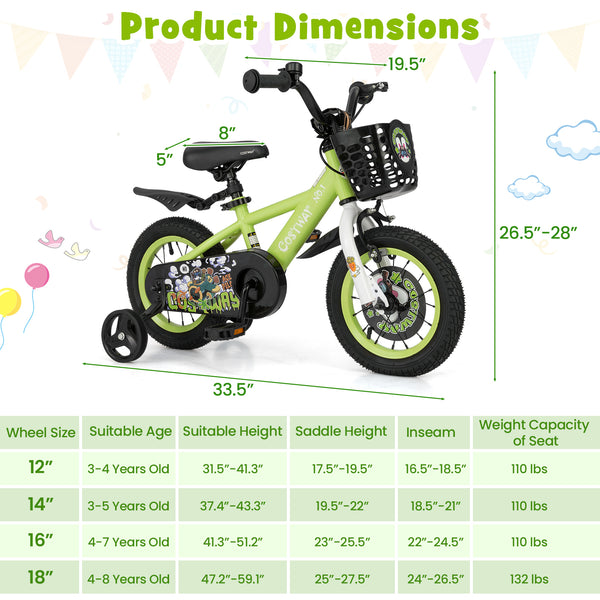 16 Inch Kids Bike Adjustable with Detachable Training Wheels for 4-8 Years Old