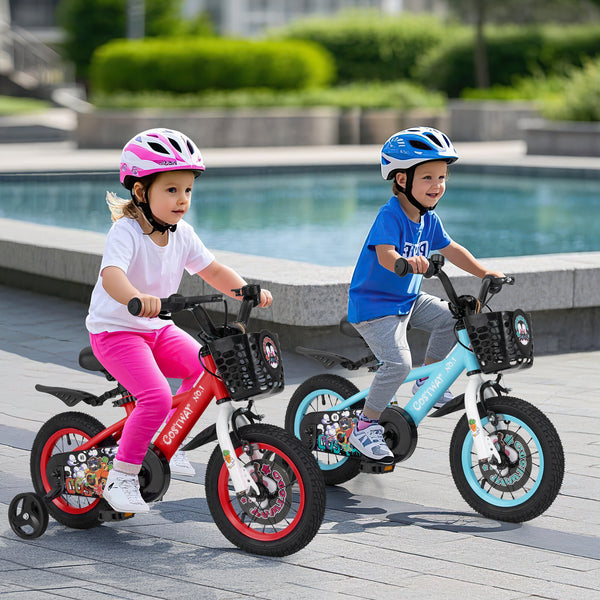 16-inch kids bike with adjustable features, storage basket, and double brake for ages 4-8, viewed at a 25-degree angle.