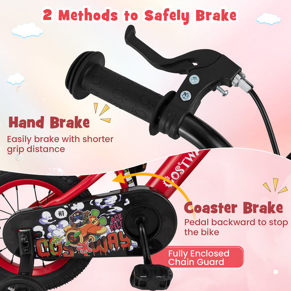 16-inch kids bike with adjustable features, storage basket, and double brake for ages 4-8, angled view.