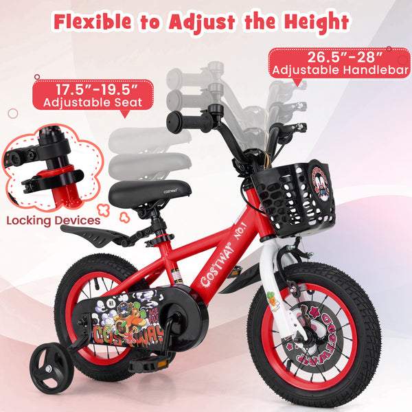 16-inch kids bike with adjustable features, storage basket, and double brake for ages 4-8, shown at a 30-degree angle.