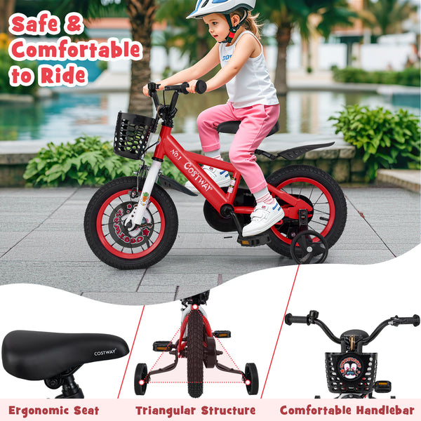 16-inch kids bike with adjustable features, storage basket, and double brake for ages 4-8, shown at angle 32.
