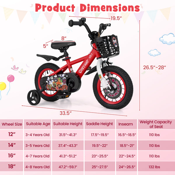 16 Inch Kids Bike Adjustable with Storage Basket and Double Brake for 4-8 Years Old
