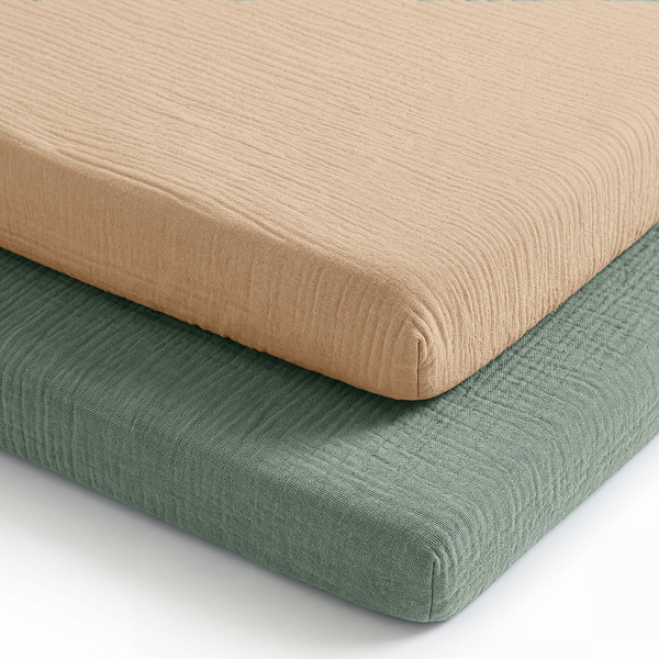 Muslin Cotton Bassinet Sheets, 2 Pack in Fern and Cream