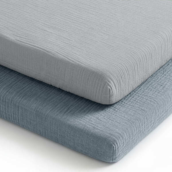 Muslin Cotton Bassinet Sheets, 2 Pack in Pacific Blue and Heather