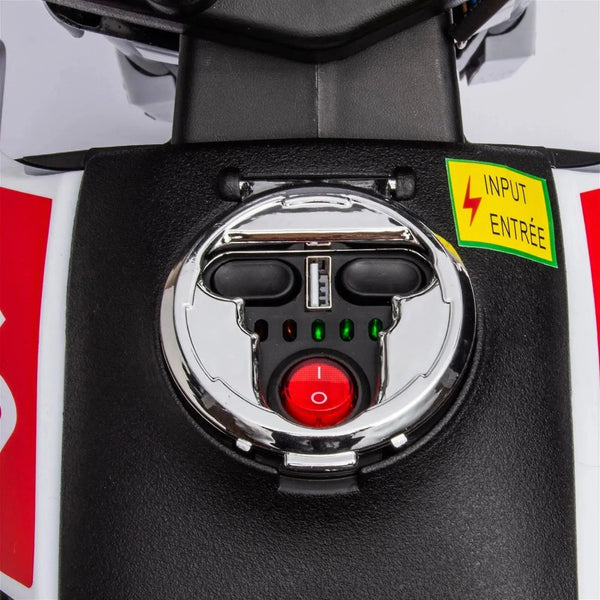 12V Aprilia Motorcycle ride-on for kids, one-seater, angled view showcasing vibrant design and features.