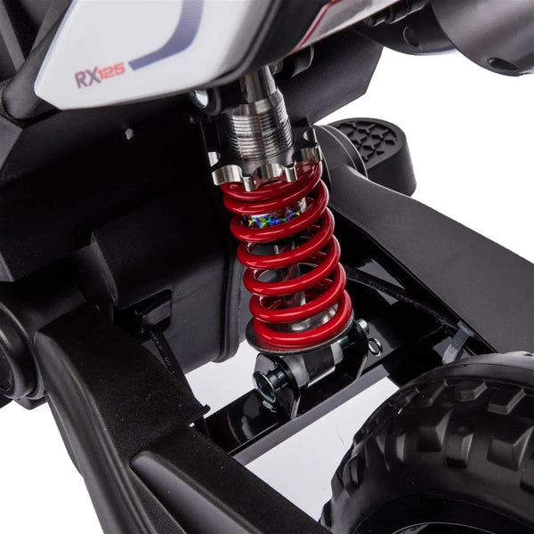 12V Aprilia Motorcycle ride-on for kids, single seater, angled view showcasing design and features.