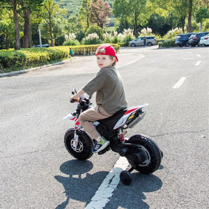 12V Aprilia Motorcycle ride-on for kids, single seater, angled view showcasing design and features.