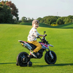 12V Aprilia Motorcycle ride-on for kids, single seat, angled view showcasing design and features.