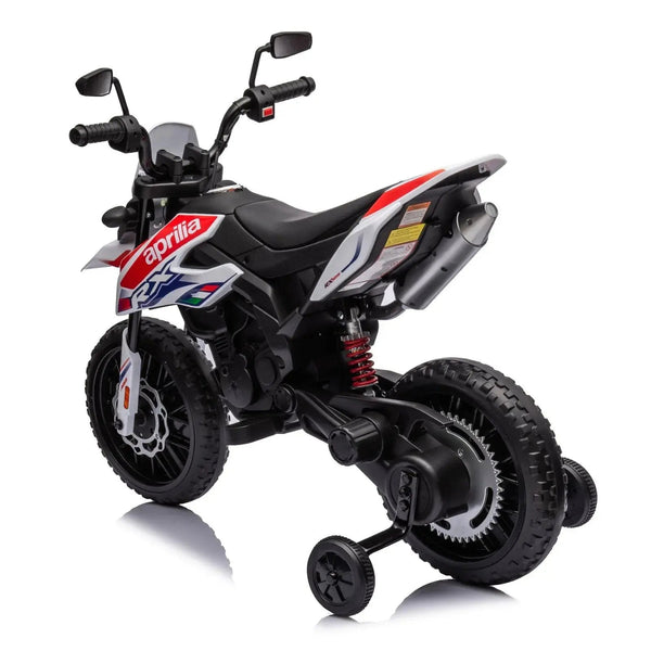 12V Aprilia Motorcycle ride-on for kids, single seater, angled view showcasing vibrant design and features.