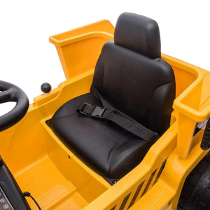 12V CAT Electric Dump Truck Ride-On for kids, 1 seater, angled view showcasing durable design and fun features.