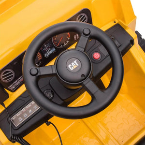 12V CAT Electric Dump Truck Ride-On for kids, one seater, angled view showcasing design and features.