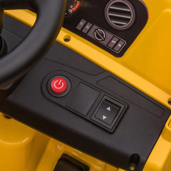 12V CAT Electric Dump Truck Ride-On for kids, showcasing an angled view of the 1-seater design.
