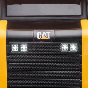 12V CAT Electric Dump Truck Ride-On for kids, angle view showcasing vibrant design and sturdy construction.