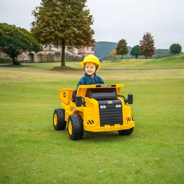 12V CAT Electric Dump Truck Ride-On for kids, one-seater, durable design, perfect for outdoor fun and adventure.