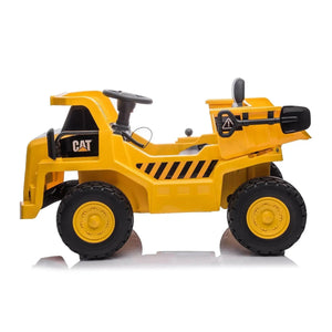 12V CAT Electric Dump Truck Ride-On for kids, 1 seater, angled view showcasing design and features.