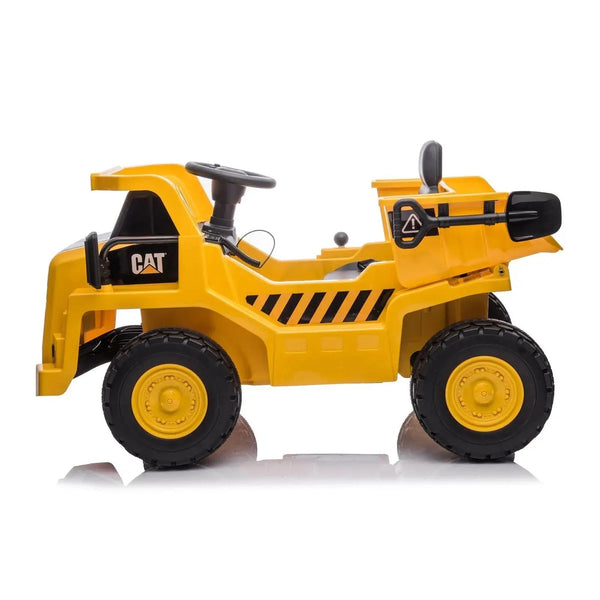 12V CAT Electric Dump Truck Ride-On for kids, 1 seater, angled view showcasing design and features.