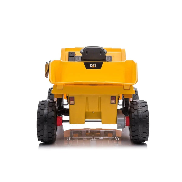 12V CAT Electric Dump Truck Ride-On for kids, 1 seater, angled view showcasing design and features.