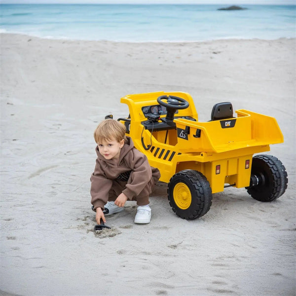 12V CAT Electric Dump Truck ride-on for kids, angle view showcasing design and features. Perfect for outdoor fun!