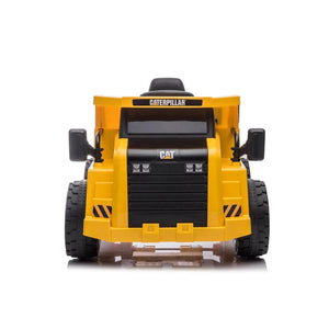 12V CAT Electric Dump Truck ride-on for kids, angled view showcasing its vibrant design and sturdy build.